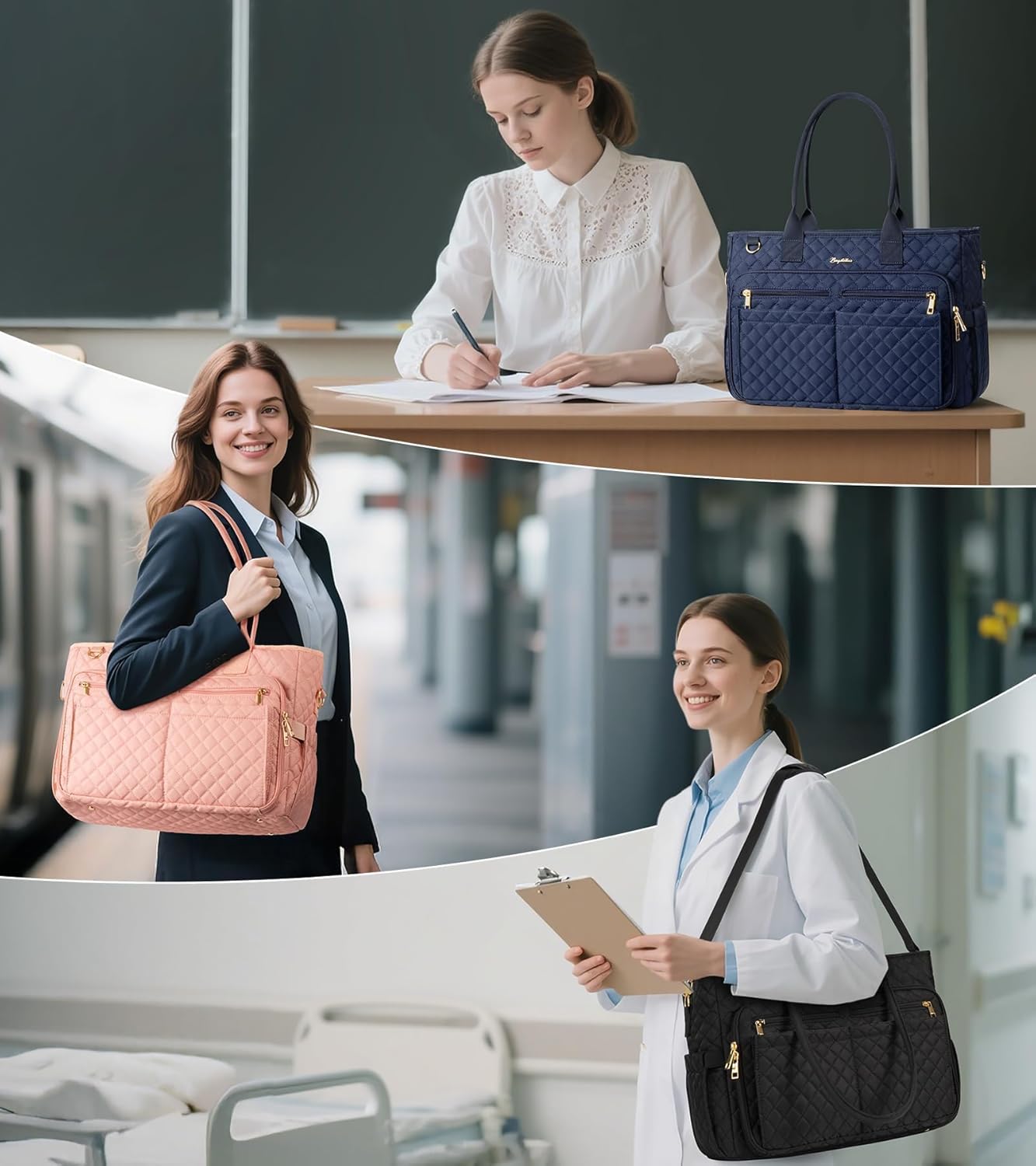 Bagstellar 15.6 inch 40oz Teacher Bags for Women, Laptop Work Tote Bag Quilted Nurse Bible Computer Shoulder Bag