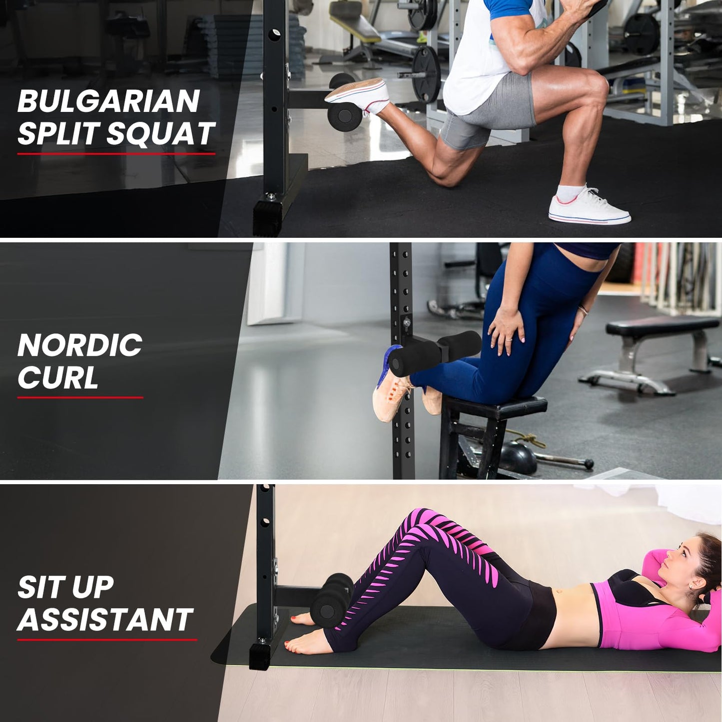 Nordic Hamstring Curl Squat Rack Attachment, Sit Up Assistant Device Abdominal Core Workout, Bulgarian Split Squats, for Power Rack Power Cage