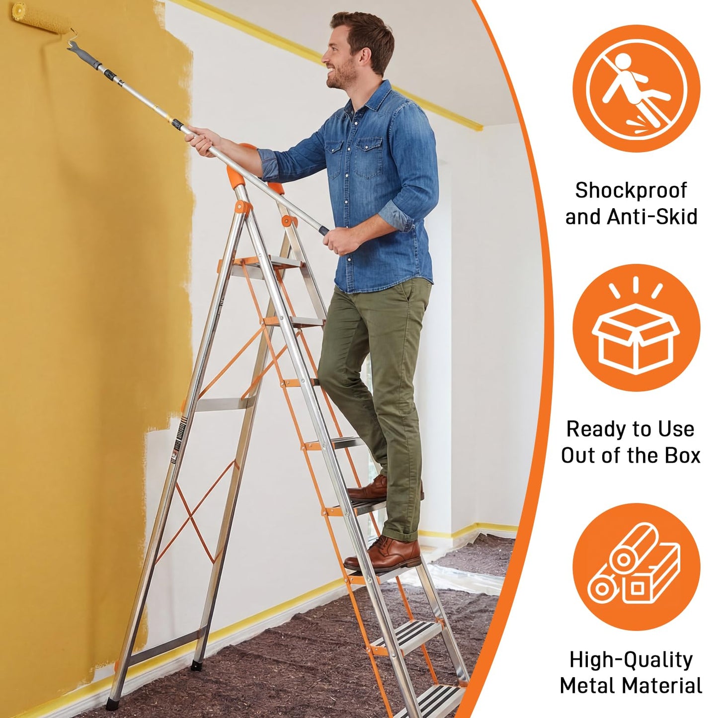 8 Step Ladder, 330lbs Load Capacity, Carbon Steel Step Stool with Non-Slip and Widen Pedals, Step Ladder with Safe Handrail, Space Saving for Home, Kitchen, Indoor & Outdoor