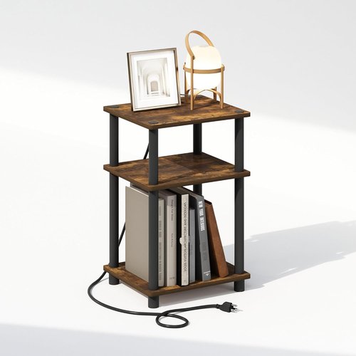 Furinno Night Stand - 3-Tier Turn-N-Tube Bedside Table with USB & Type-C Charging Ports | Amber Pine