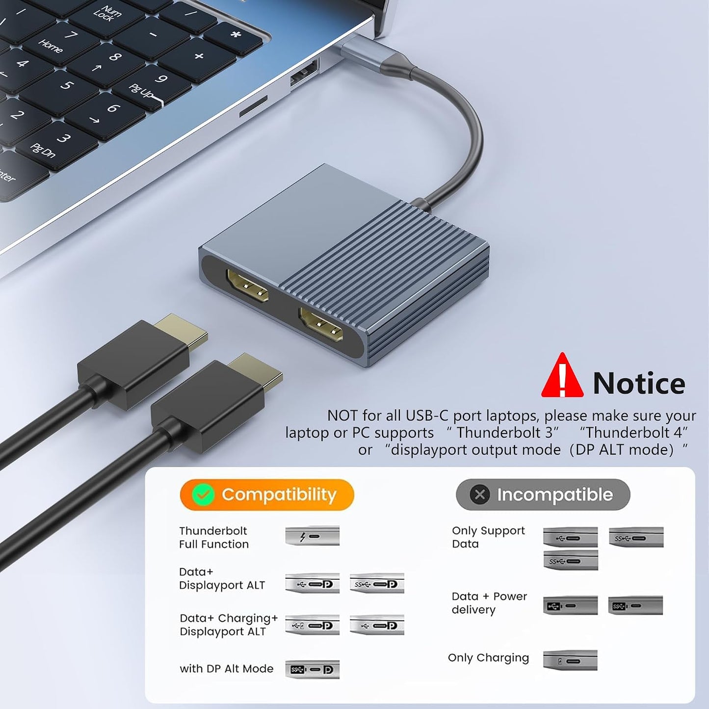 Aibilangose 2 4K@60Hz Dual HDMI Adapter for Monitors, Double HDMI Splitter for dual monitors, Dual Monitor Adapter