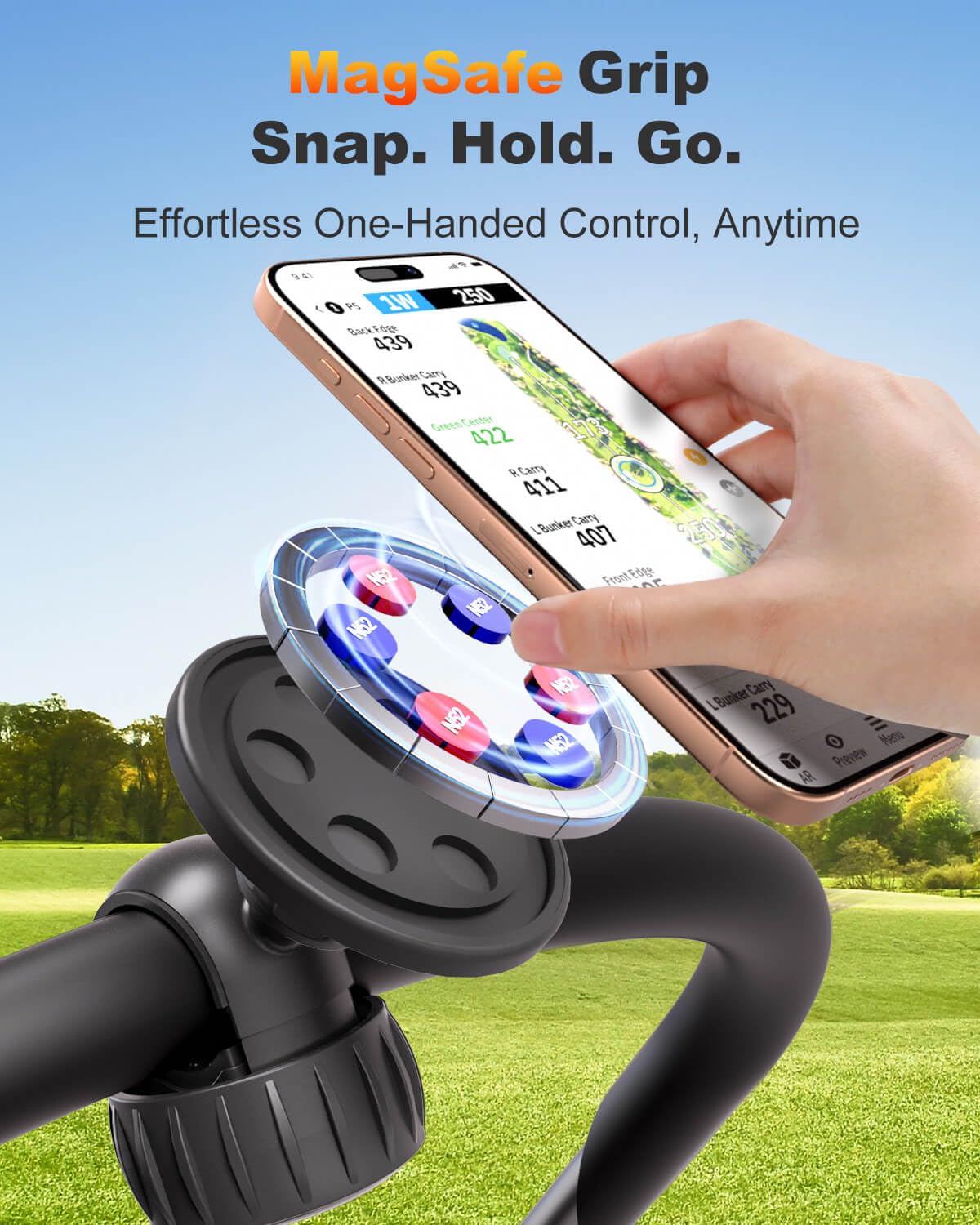 Magnetic Golf Push Cart Phone Holder MagSafe Hands-Free 360° Adjustable with Strong Magnets Phone Mount Compatible with Clicgear, Bag Boy, Sun Mountain, Golf Push Cart Accessories for All Cell Phones