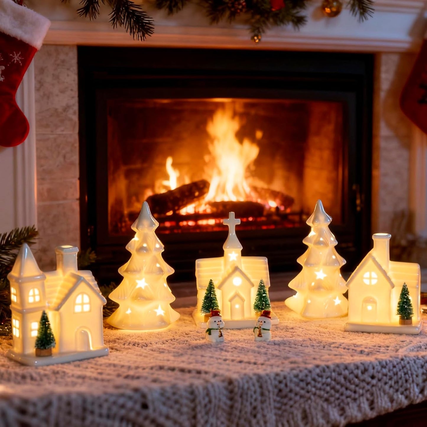 Skiennix Christmas Village Set - 11 Pcs Ceramic Decor with 3 Lighted Houses & Trees | Festive Tabletop Display