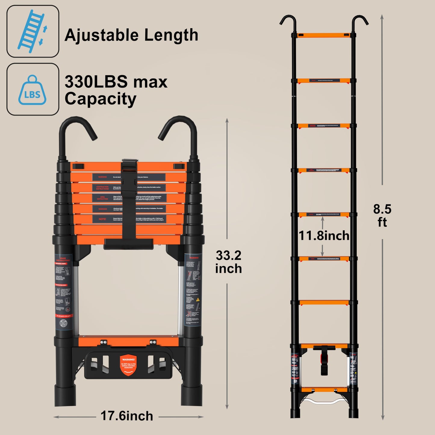AOPENG Telescoping Ladder,8.5FT Quick Folding Aluminum Extension Ladder for RV/Home/Outdoor, 330lbs Max Load