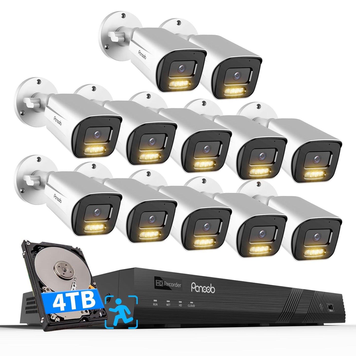 PANOOB 16 Channel Security Camera System 4TB HDD, H.265 12PCS 5MP PoE Commercial IP Bullet Camera, Smart Color Night Vision, 2 Way Audio Talking, AI Human Detection, Remote Access, PB65A1216-5MD