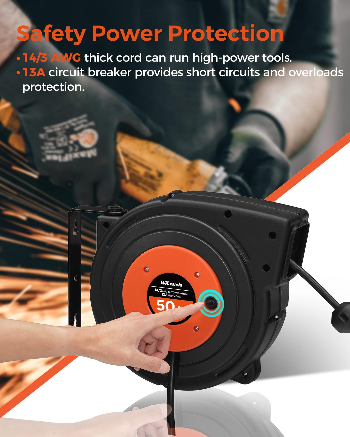 WILAWELS 50 FT 14AWG/3C SJTOW Retractable Extension Cord Reel and 18W 2000LM 25FT LED Work Light Bundle, for Garage, Workshop, Car Repair Scene B50CR06- Y04WL06