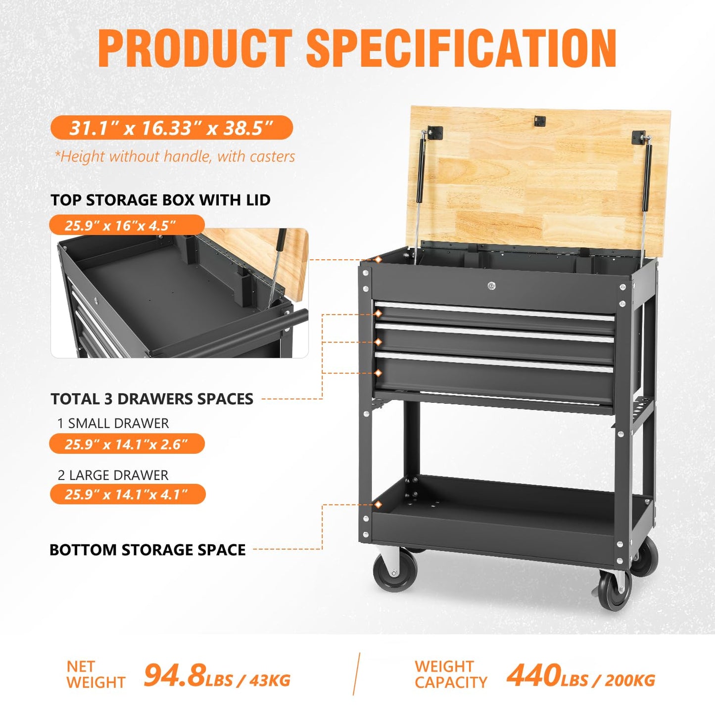 DNA Motoring 3-Drawer Rolling Tools Chest, Rolling Tool Storage Cabinet, Heavy Duty Mechanic Tool Cart, Trolley Organizer for Garage, Warehouse, Workshop, Black, TOOLS-00403