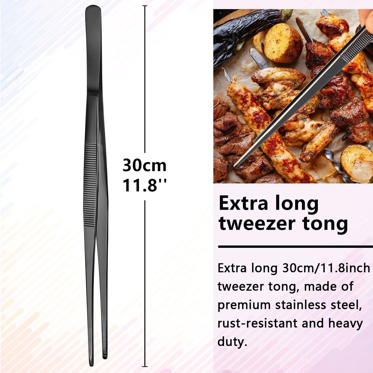 Tweezers – 11.8''/30cm Precision Tweezers, Garnish Stainless Steel Tongs for Bartender, Mixologists Clipping Food – NZ01-B (Black)