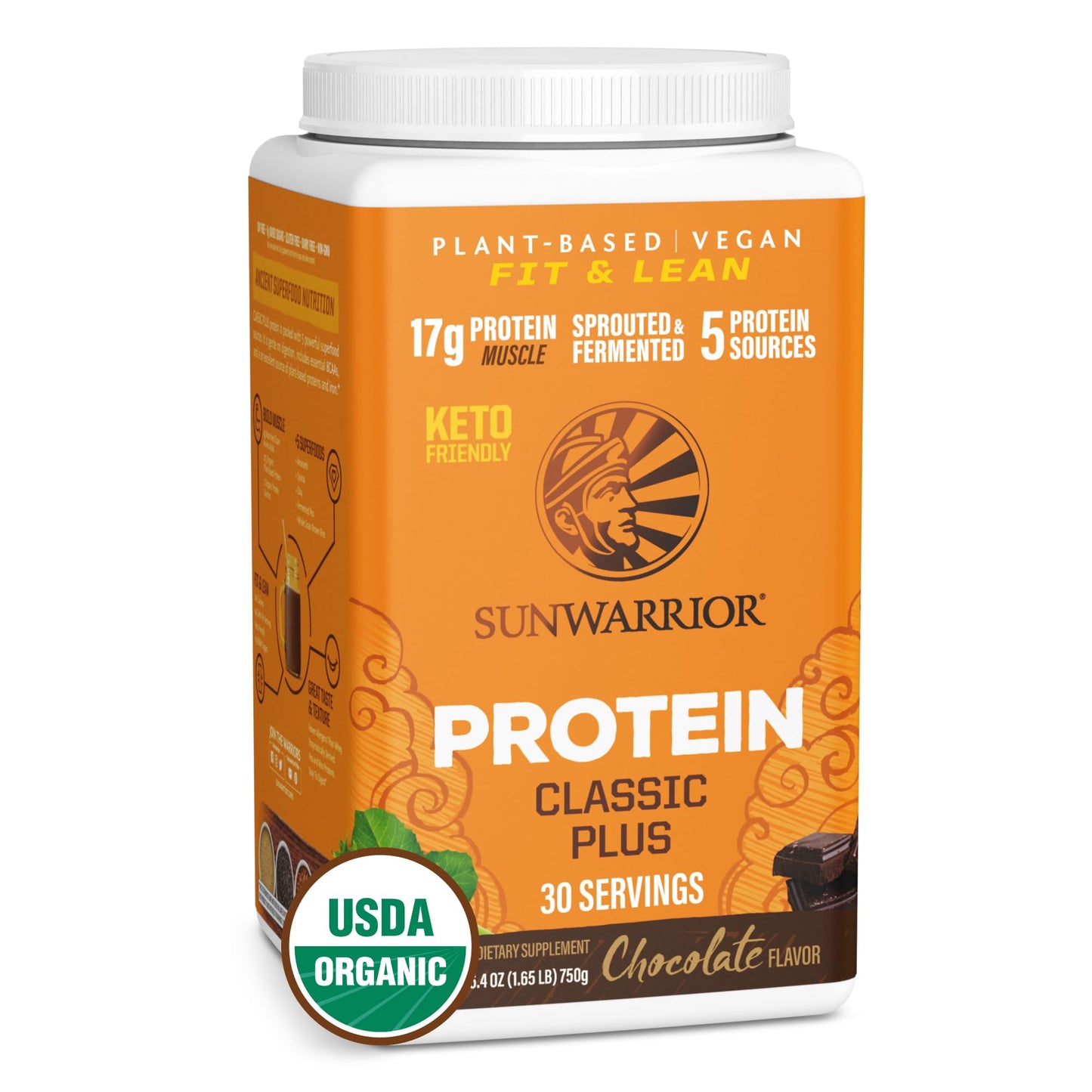 Sunwarrior - Classic Plus, Vegan Protein Powder with Peas & Brown Rice, Raw Organic Plant Based Protein, Chocolate, 30 Servings