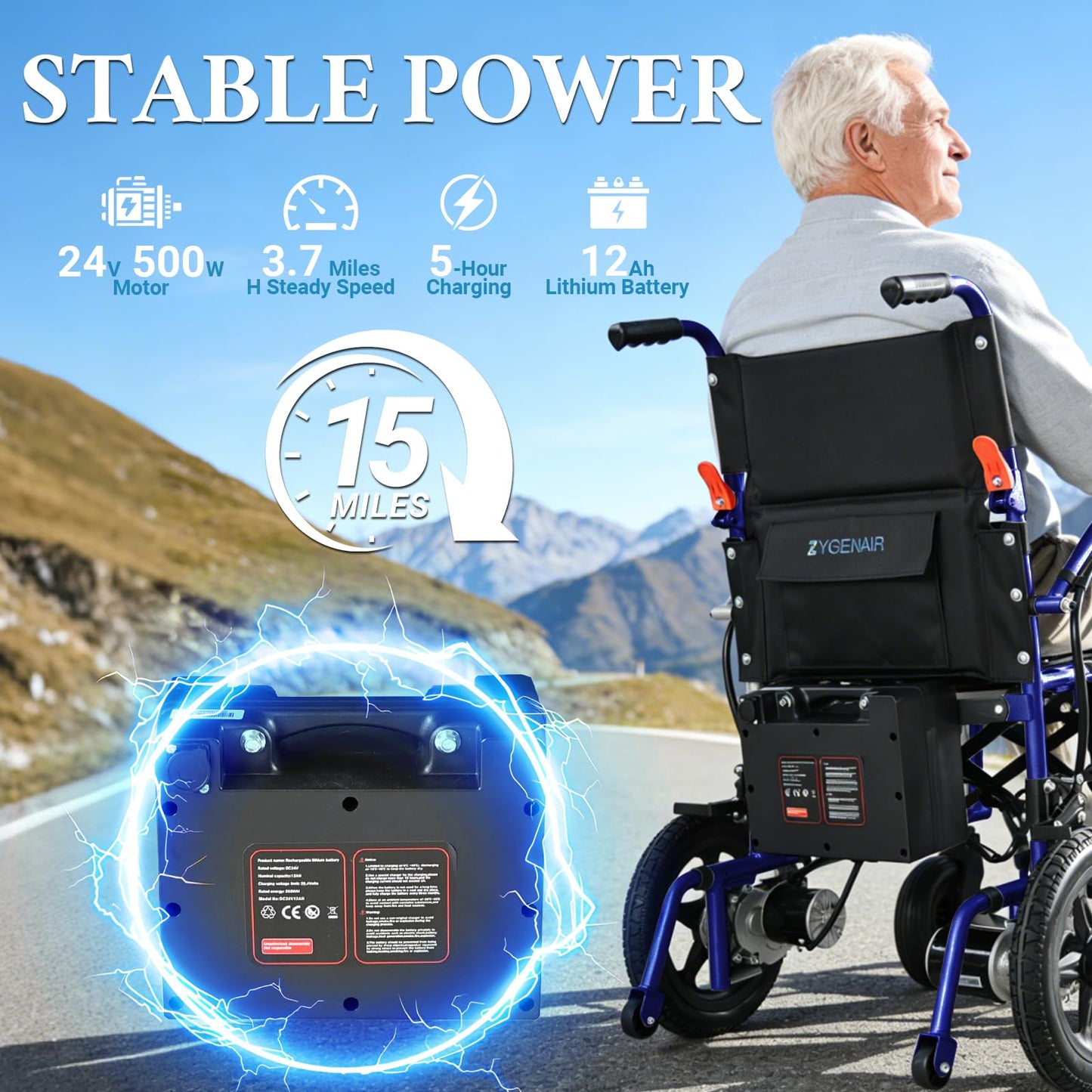 YF001 Zygenair 20" Wider Electric Wheelchair 330 Lbs Capacity Electric Wheelchairs for Adults, Foldable Power Wheelchair Lightweight Motorized Mobility Chair with 12Ah Lithium Battery (Purple, Max)