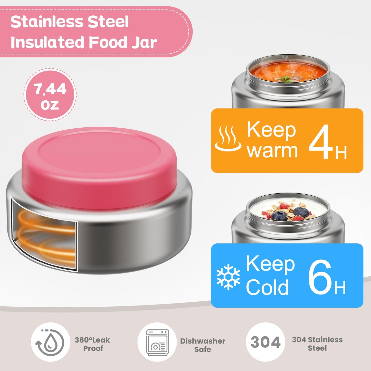 Pawtong Stainless Steel Bento Box Kids Adult with 7oz Insulated Food Jar, Transparent Lid Metal Lunch Box With Soup Thermal Jar, Lunch Box Container with Removable Divider & Sauce Cup School (Pink)