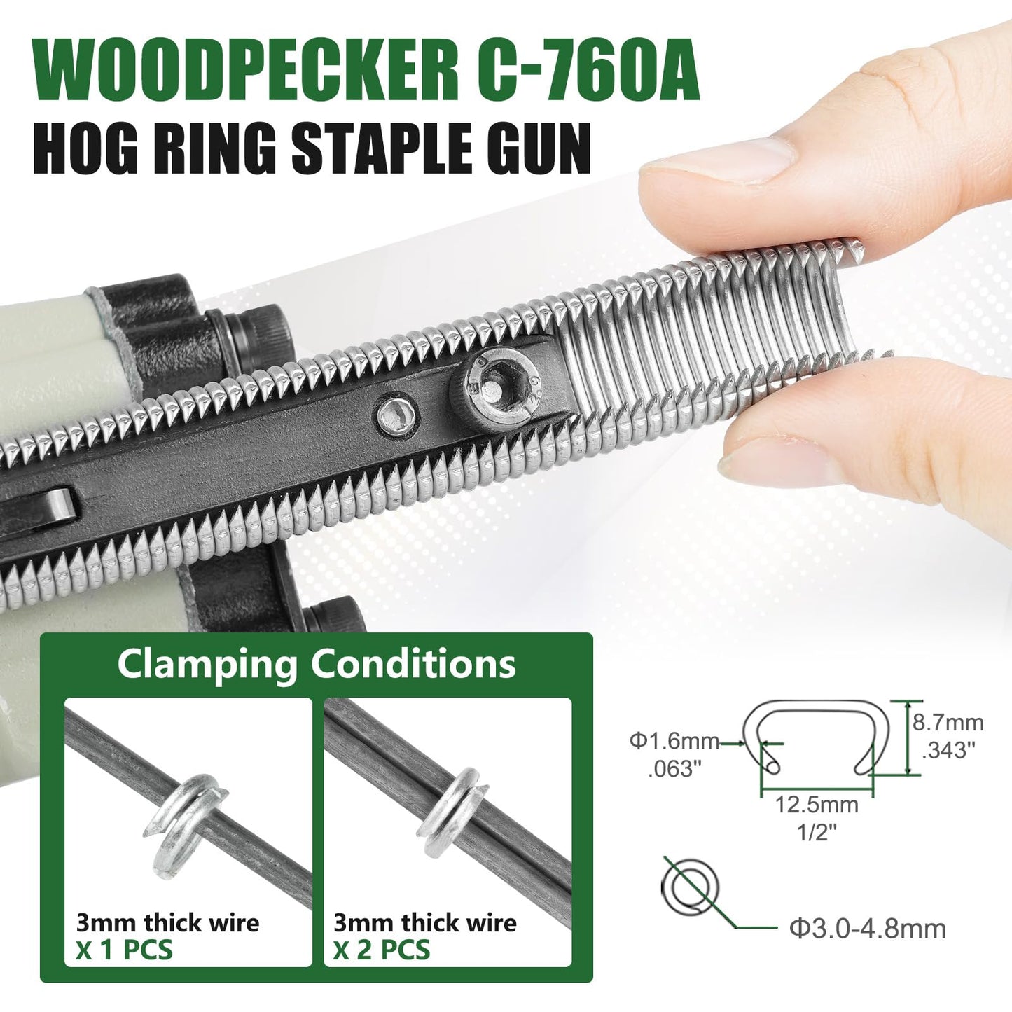 Woodpecker C-760A 16 Gauge Pneumatic Hog Ring Gun Kit, 1/2-Inch Crown, with 1000PCS Hog Ring Staples, 3.0-4.0mm Closing Diameter, Air Hog Ring Plier Tool, C Ring Gun for Cages, Fencing, Car Seat