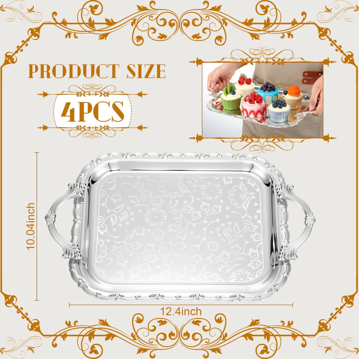 Ferrochef 4 Pcs Silver Serving Tray with Handles Elegant Victoria Floral Engraved Metal Platters Large Decorative Trays for Buffet,Wedding Party, Jewelry Display, Service(Classic,Sliver)