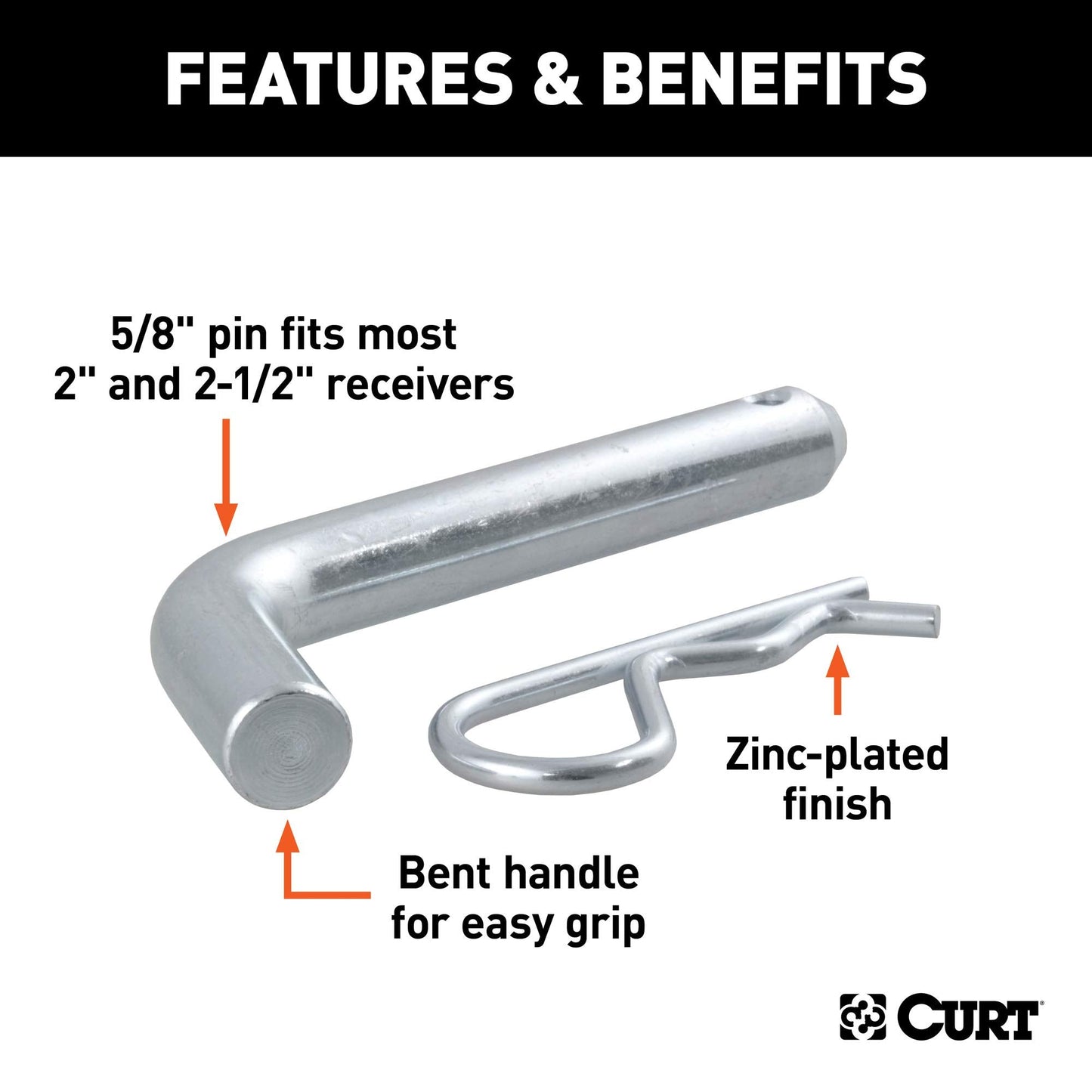 CURT 21580 Trailer Hitch Pin & Clip, 5/8-Inch Diameter, Fits 2 or 2-1/2-Inch Receiver, Clear ZINC
