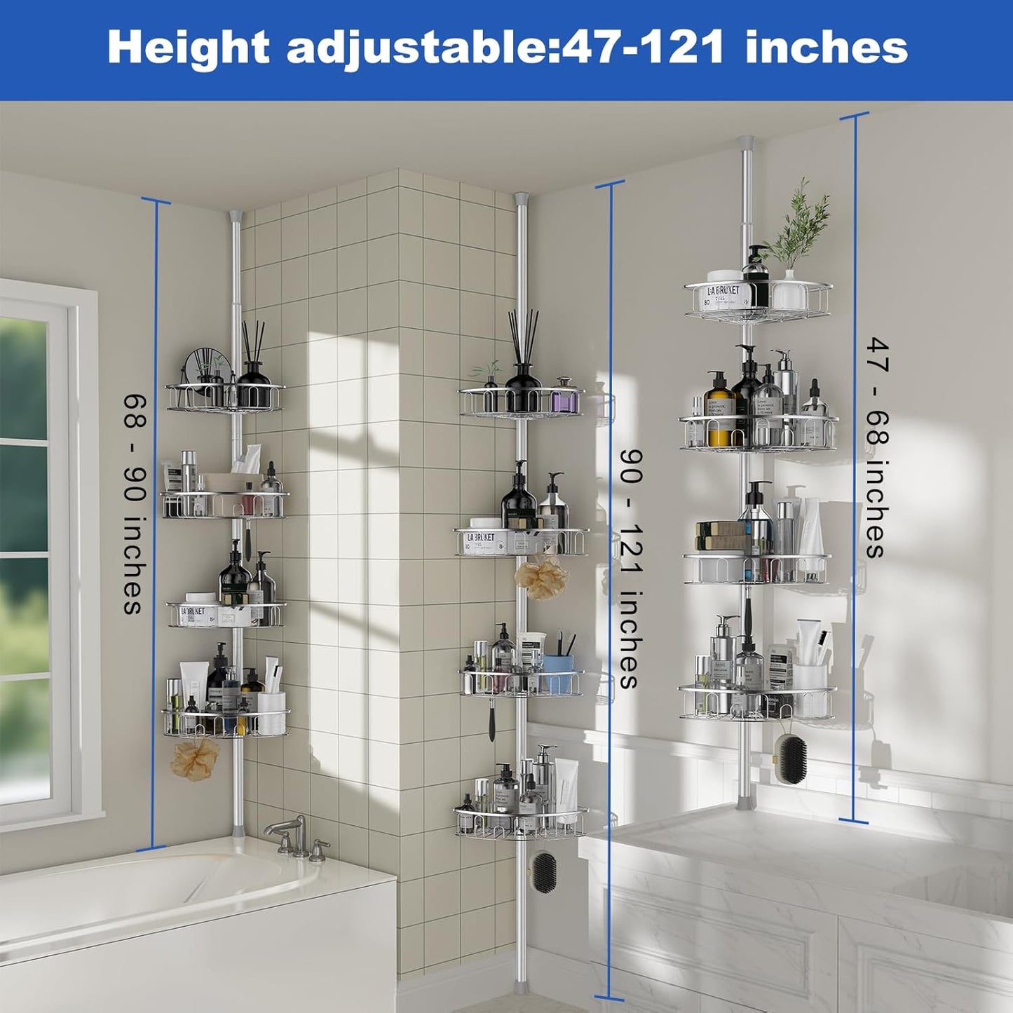 Skiennix Corner Shower Caddy - Aluminum Tension Pole Organizer with 4 Adjustable Rustproof Shelves | 47-121 Inch, No Drilling, Quick Installation