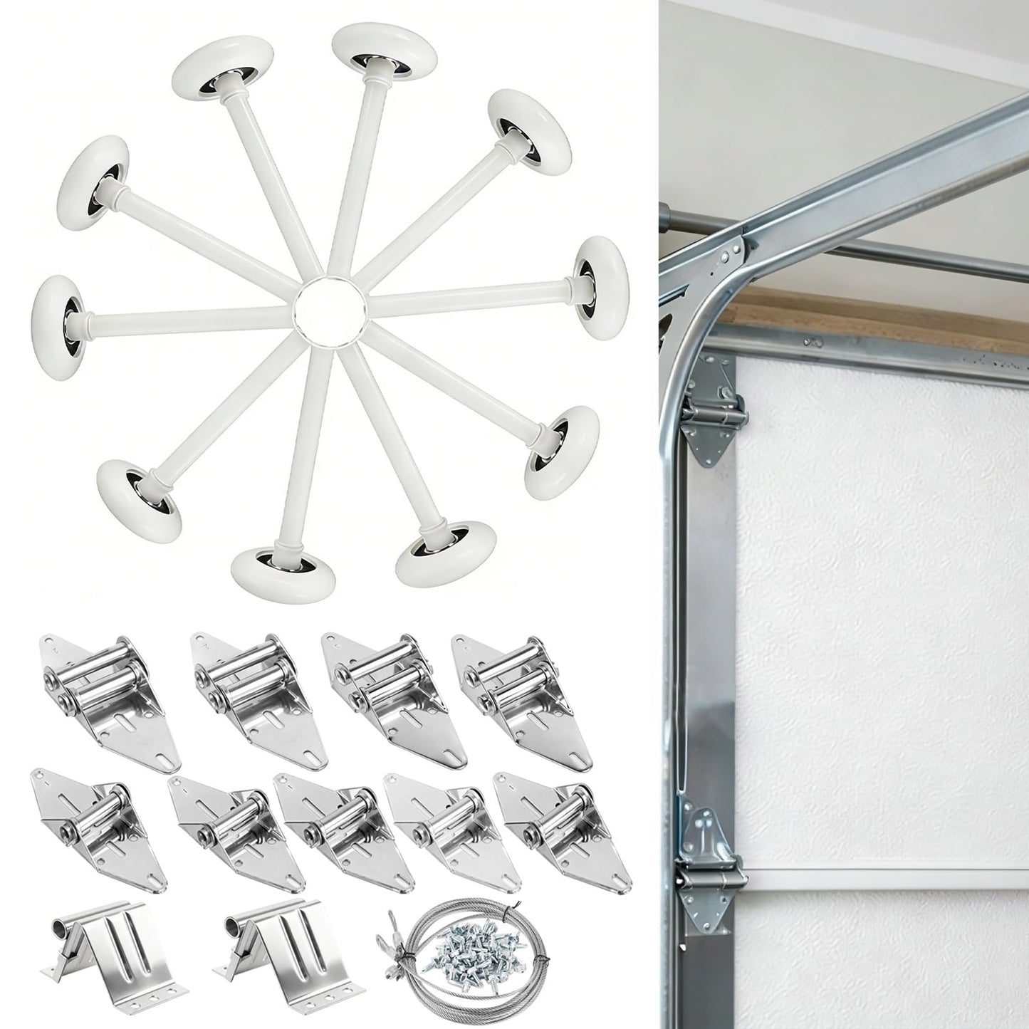 LIMICAR Nylon Garage Door Rollers 10 Pack with Hardware Kit – White 2" Quiet Wheels 4" Stem, 6200-2RS Dual Sealed Bearings, Hinges Brackets Wire Rope, Fits Standard 2" Track