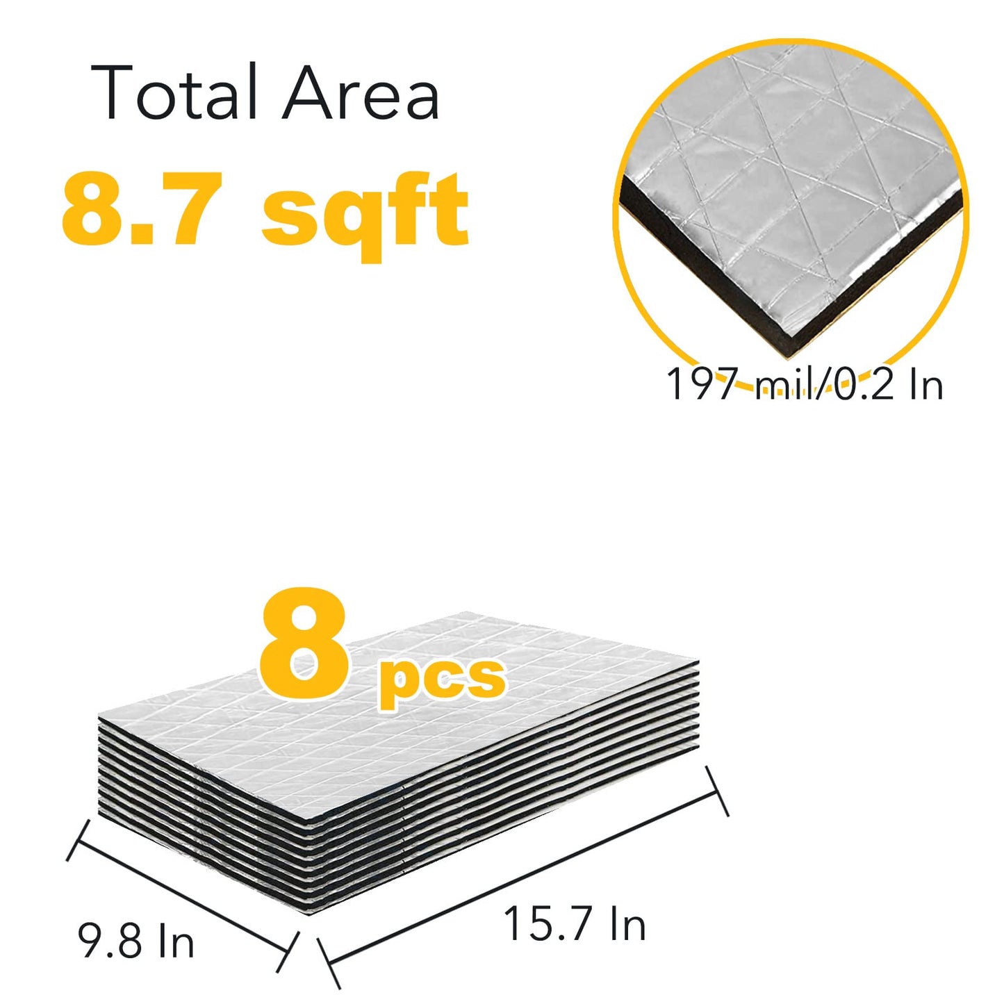 KOIKEY Car Sound Deadening Mat, 197mil (5mm) 8.7 sqft Closed-Cell Foam Car Insulation Material, Aluminum Foil Heat Shield, Waterproof Self-Adhesive Sound Deadener, 8 Pcs