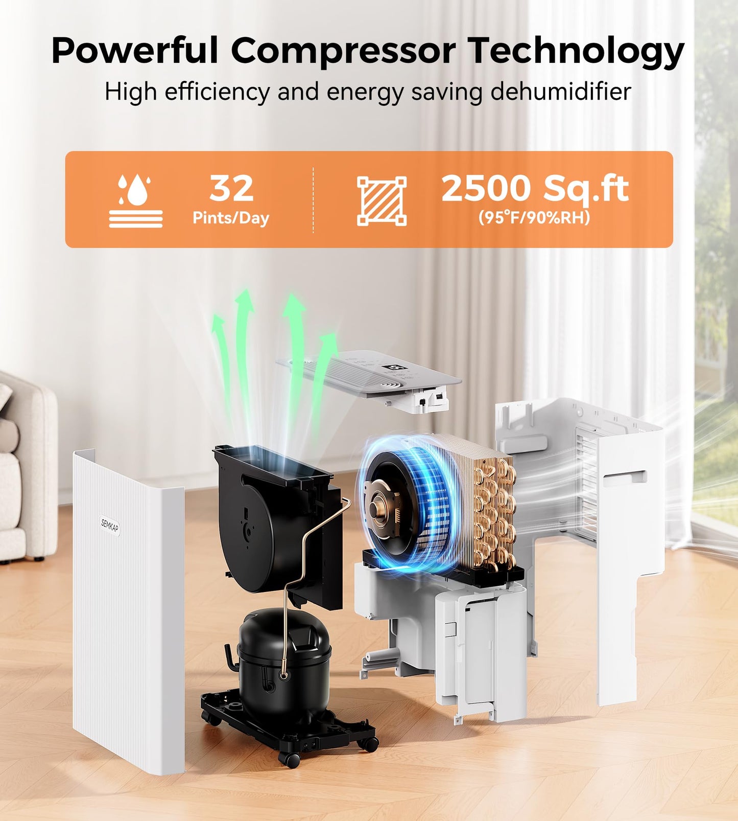 2500 Sq.Ft Dehumidifier for Basement with Drain Hose, SEMKAP 32 Pints Dehumidifiers for Home, Large Room, Bathroom, Bedroom, Low Noise With Smart Compressor, Intelligent Humidity Control, 24HR Timer