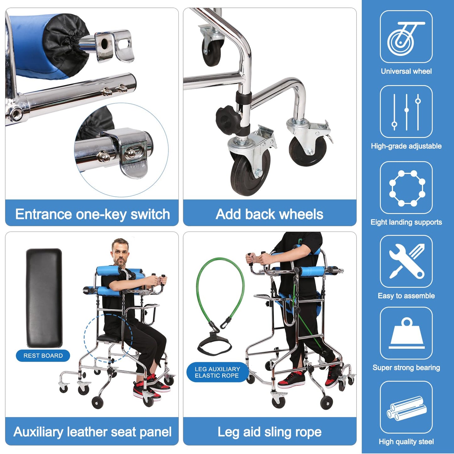 Adult Standing Walker for Seniors, Hemiplegia Standing & Lower Limb Training, Upgraded Double Pads, 8 Wheels Anti-Tilt Mobility Aid, Fits 58-71 in, withstands 220 lbs
