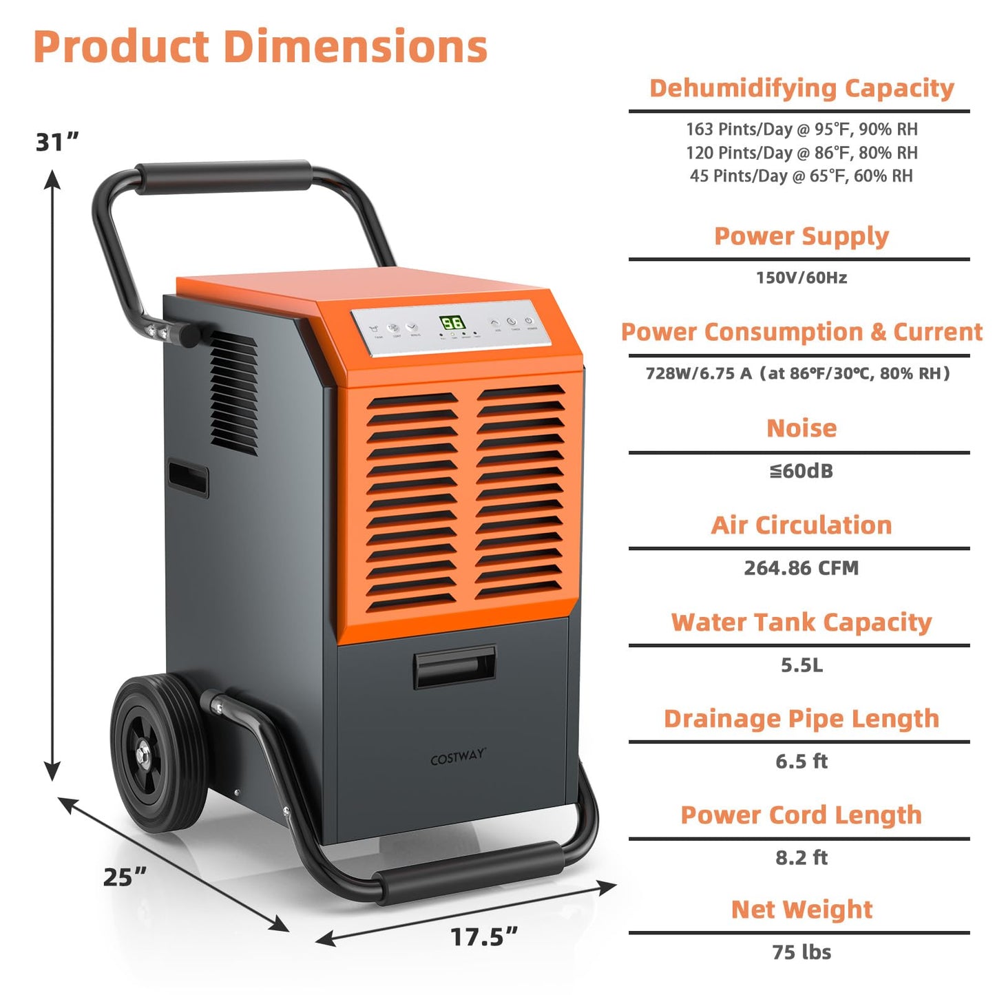 COSTWAY 163 Pints Commercial Dehumidifier, 4500 Sq.Ft Crawl Space Dehumidifier with Drain Hose, 24H Timer, for Basement, Warehouse, Job Site (Orange)