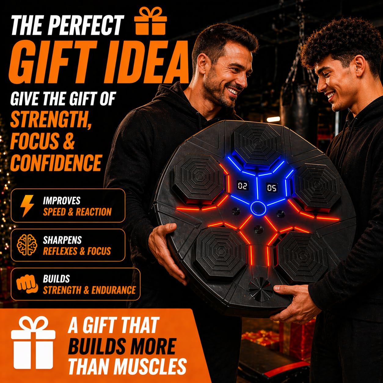 Music Boxing Machine for Adults, Bluetooth Wall Mounted Punching Machine, Interactive Boxing Trainer with LED Targets, Pro Boxing Gloves & Reflex Ball Headband, Home Gym Cardio Workout Training