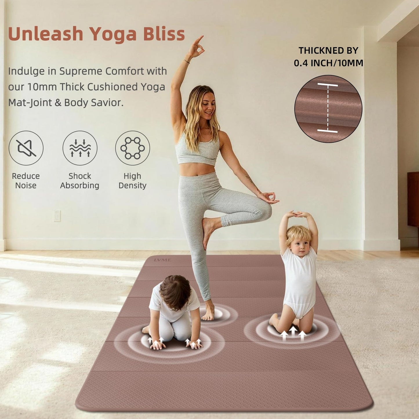 Large Yoga Mat, 75"x48" Extra Wide & Long Yoga Mat, 0.4" Thick Folding Exercise Mat, 2-Person Workout Mat for Home Gym, Extra Large Non-Slip Fitness Mat for HIIT, Yoga, Stretching, Portable Design for Easy Storage (Brown+Apricot)