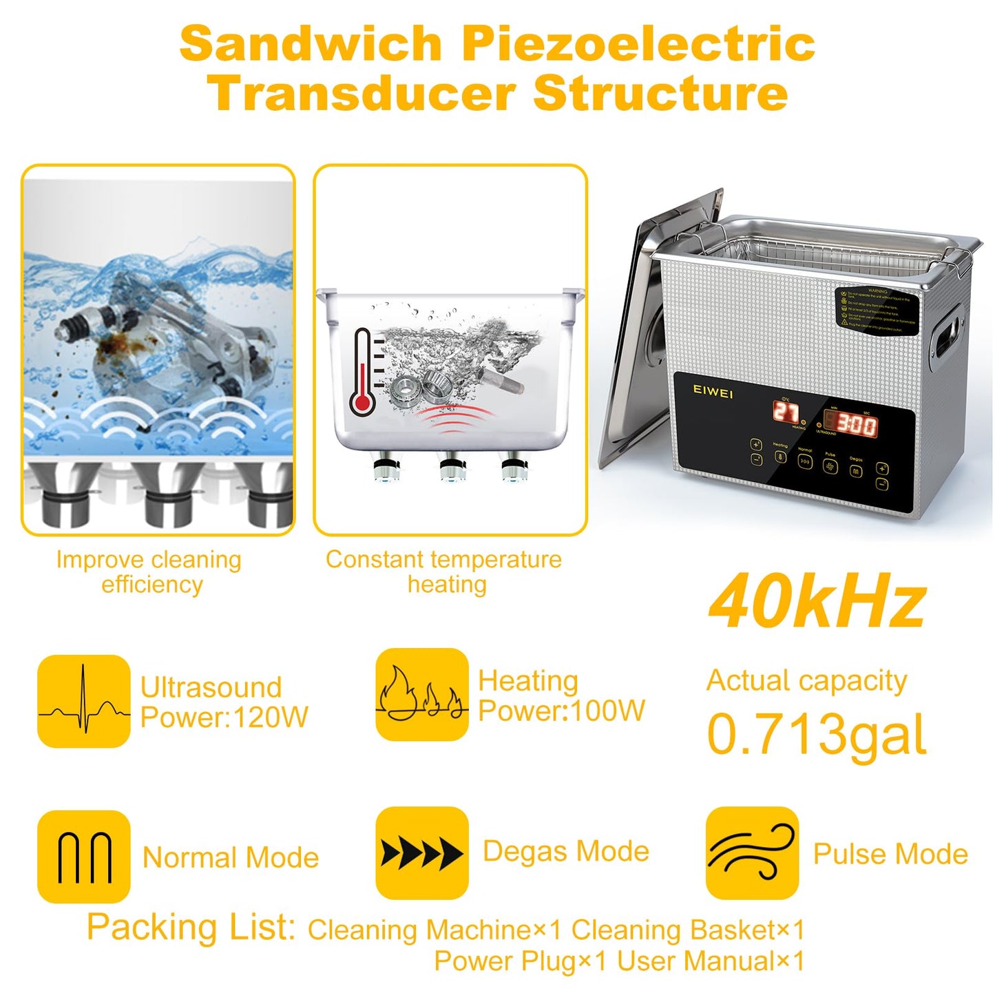 EIWEI 3L Ultrasonic Cleaner Dual-Frequency Professional Digital Stainless Steel Cleaning Machine with Heater Timer for Carburetor, Parts, Circuit Board, Glasses, Denture, Jewelry