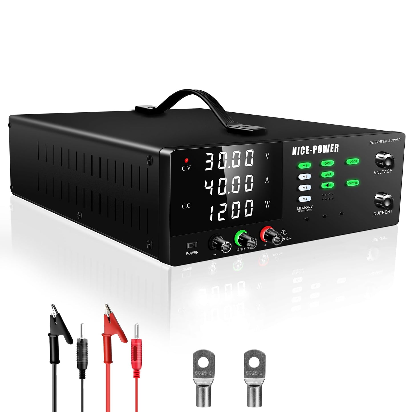 NICE-POWER DC Power Supply Variable, 30V 40A 1200W High Power Switching DC Regulated Bench Power Supply with Output Switch, OCP & OVP, Memory Function, Encoder Knob, 4-Digit LED Display, Lock Button