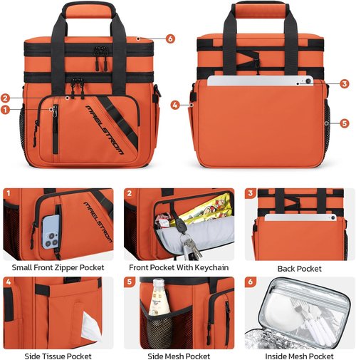 Maelstrom Insulated Lunch Box - 20L Expandable Cooler Bag with 6 Pockets | Leakproof Tote for Work & Travel - Orange