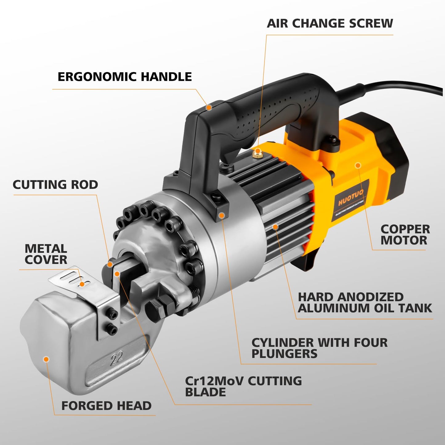 HUOTUO 7/8" Electric Hydraulic Rebar Cutter 2-2.5s Cutting Speed Portable Rebar Cutter Cutting Rebar 4-22mm #7 1150w 120v/60hz (RC22-yellow)