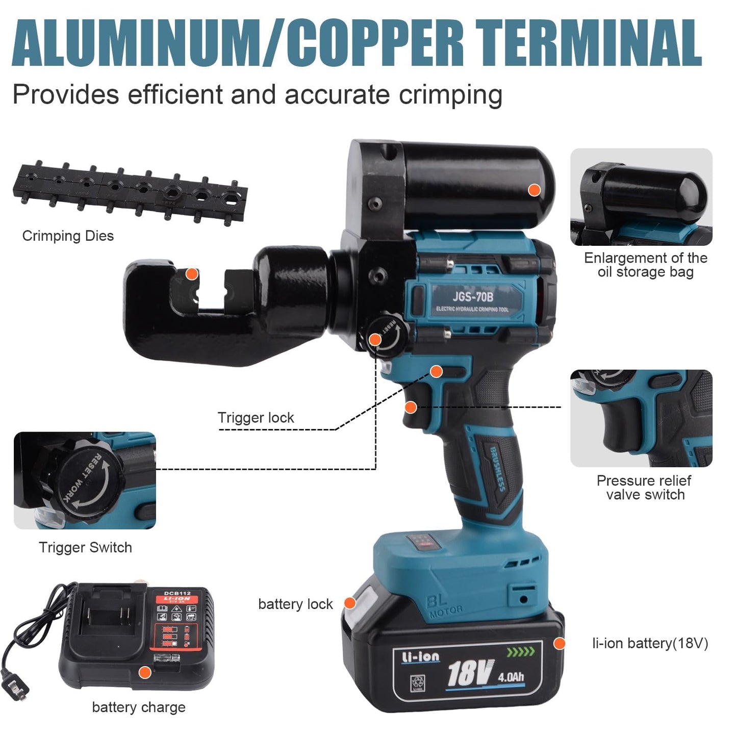 JIGONGSUN Electric Hydraulic Crimping Tool, 8-Ton Hydraulic Battery Cable Crimper Kit with 9 Dies for 12AWG-2/0AWG, for Crimping Lugs