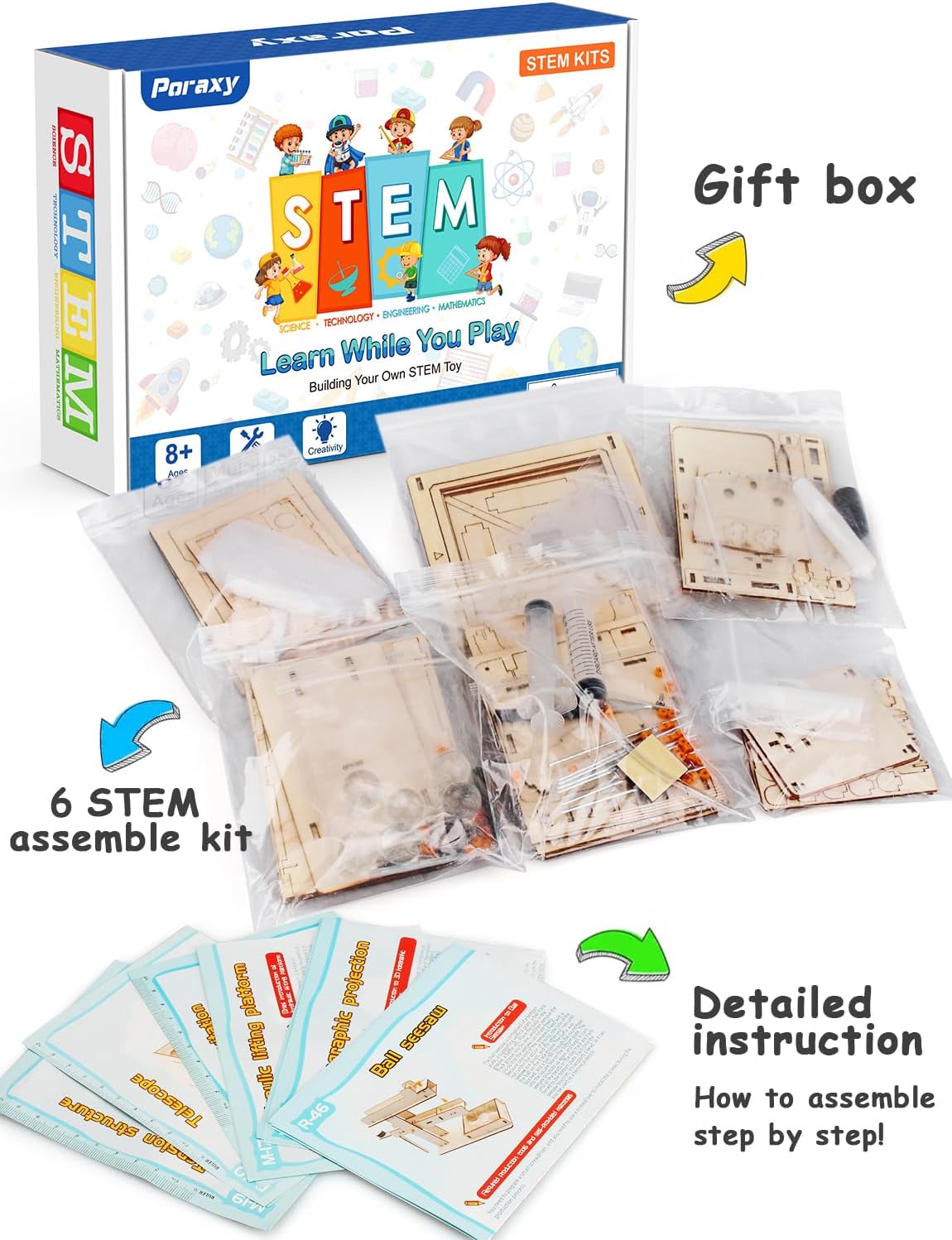 Poraxy 6 in 1 STEM Kits for Kids | Educational Science Projects & 3D Wooden Puzzles | Ages 8-13