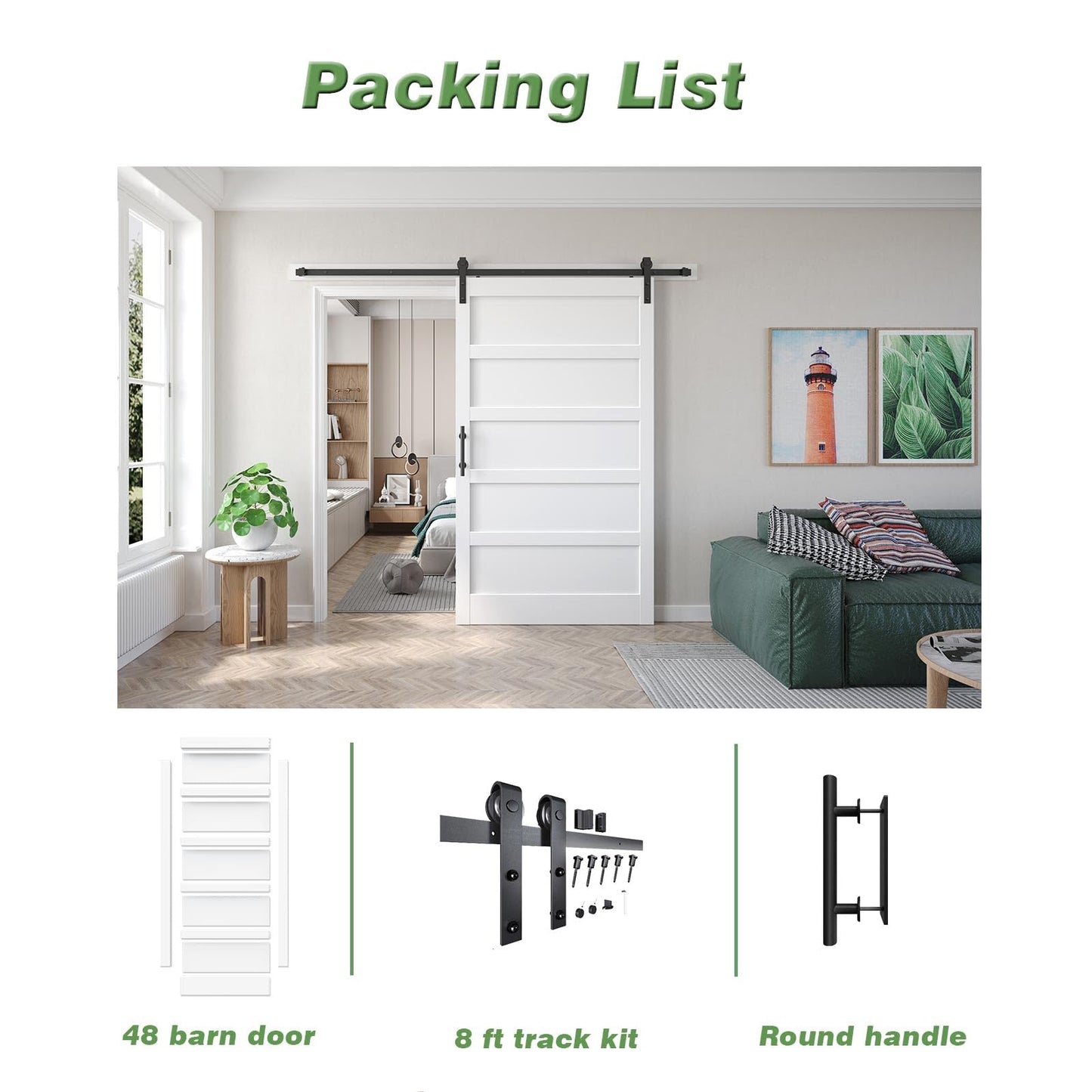 Fredbeck 48x80 inch White Barn Door with 8FT Sliding Barn Door Hardware Kit Included,DIY Assembly,Water-Proof,5-Panel，Fit 45in-47in Opening