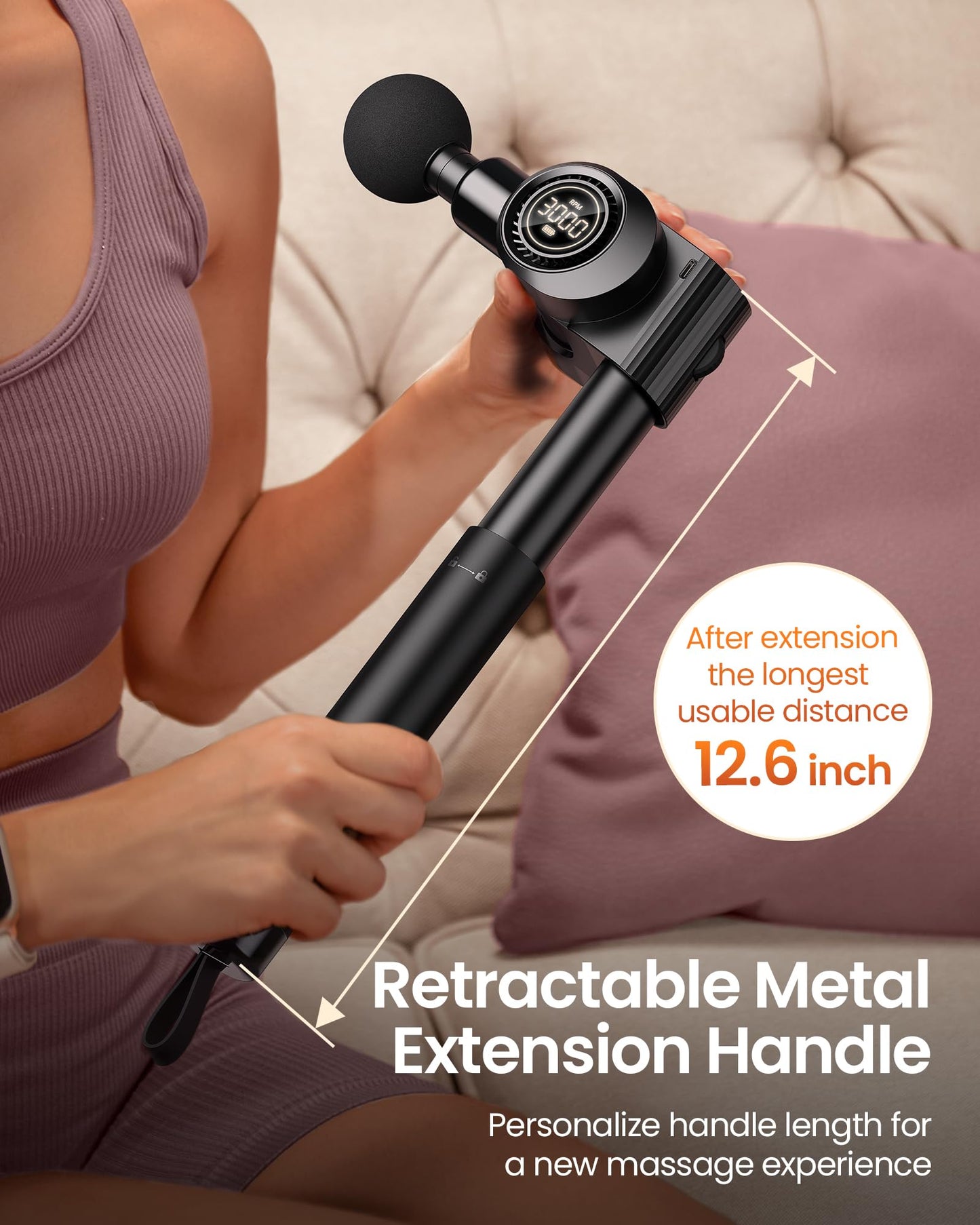 NAPRE Foldable Massage Gun with Extension Handle & 5 Adjustable Angles,Deep Tissue Back Massage for Neck/Body Pain Relief,Handheld Percussion Muscle Massager,32 Speeds,6 Heads & Silent,with Case