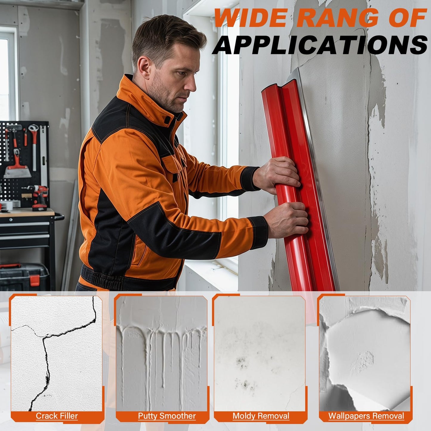 Drywall Skimming Blade Set with 32" - 51" Extension Handle 9inch Compound Rollers 10in/16in/24in/32in Stainless Steel Skimming Blades for Wall Surface Smoothing Drywall Plaster Wallboard