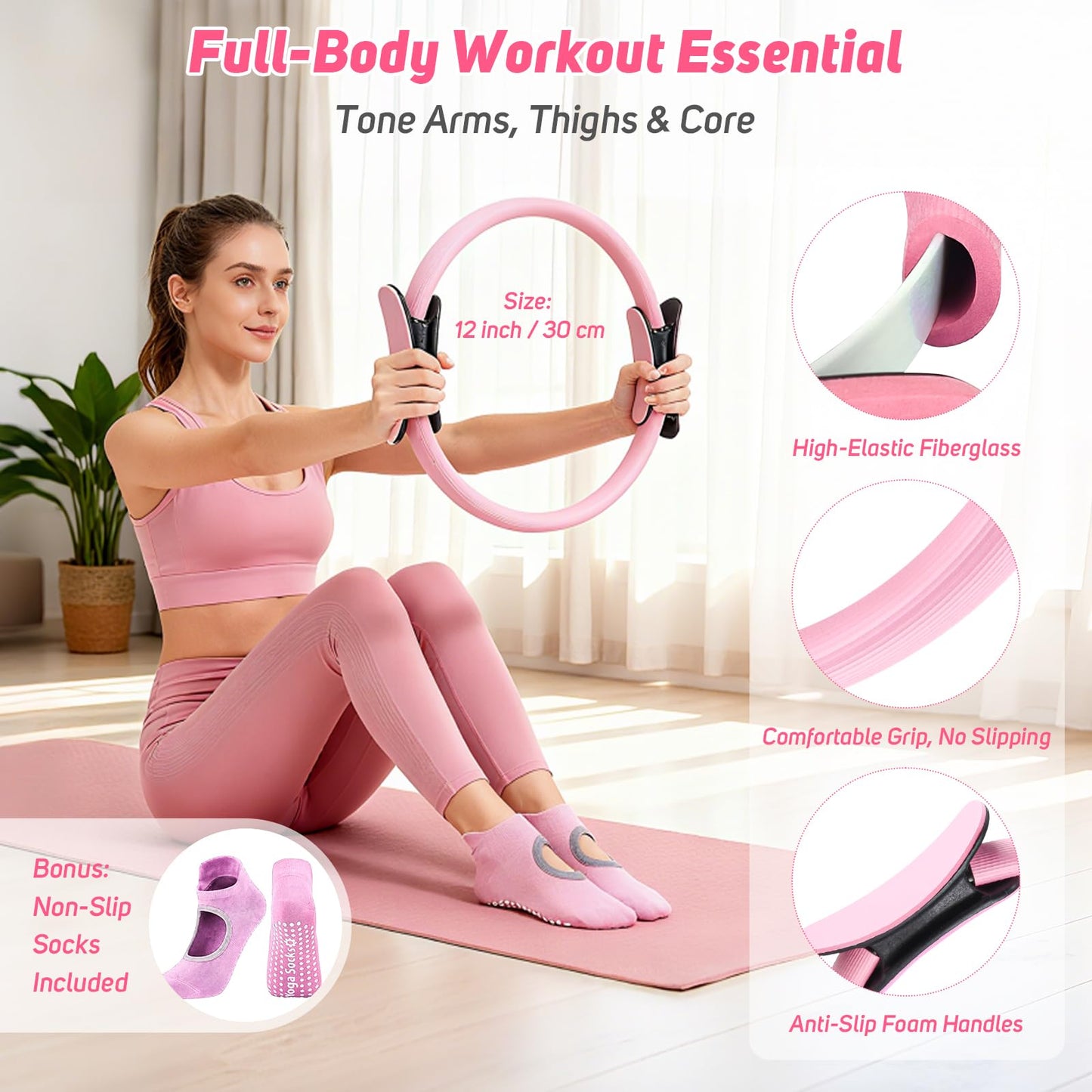 Home Pilates Kit for Women: Pilates Equipment Pilates Ring and Ball Set with Resistance Bands, Core Slider, Foam Roller, Pilates Essentials Kit for Beginner Home Workout, Compact Toning Fitness, Pink
