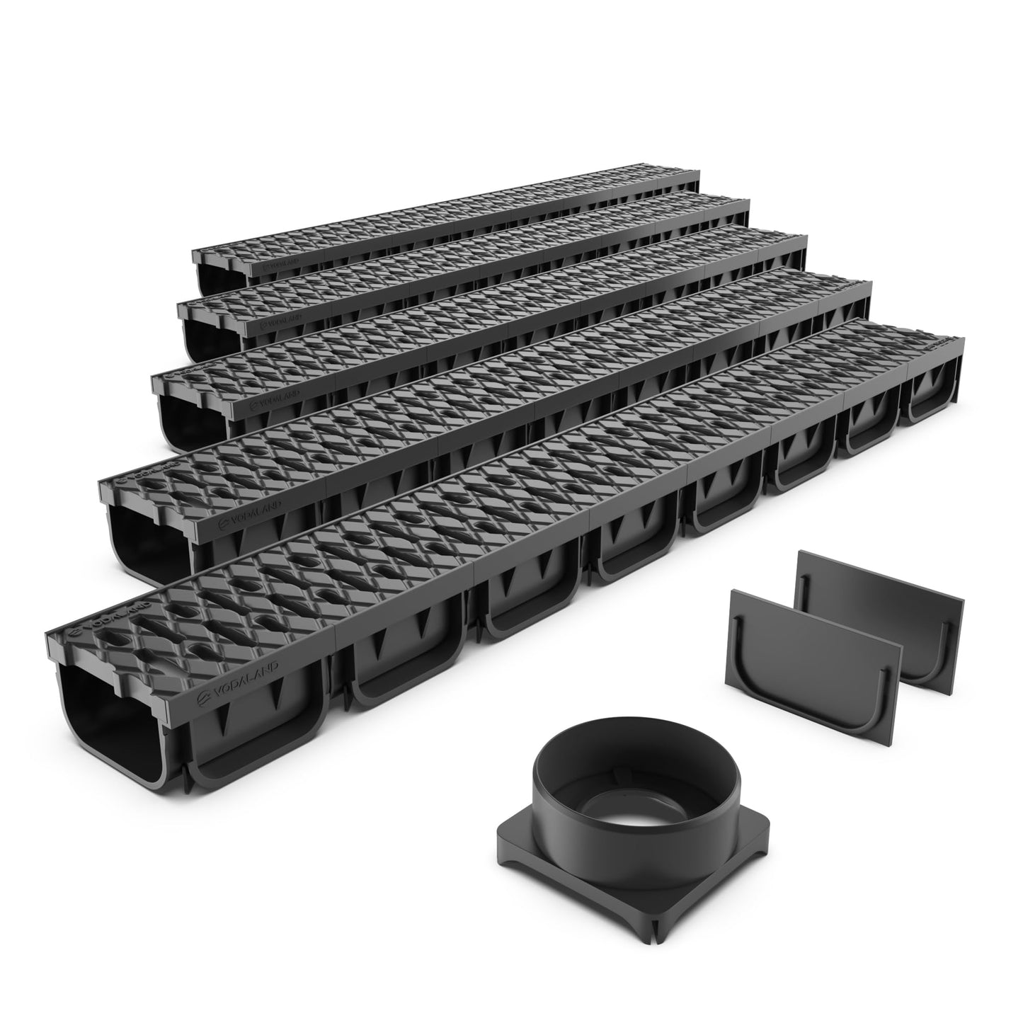 Vodaland - 4 Inch Trench Drain System with Grate - Black - Easy 2 (5 Pack)