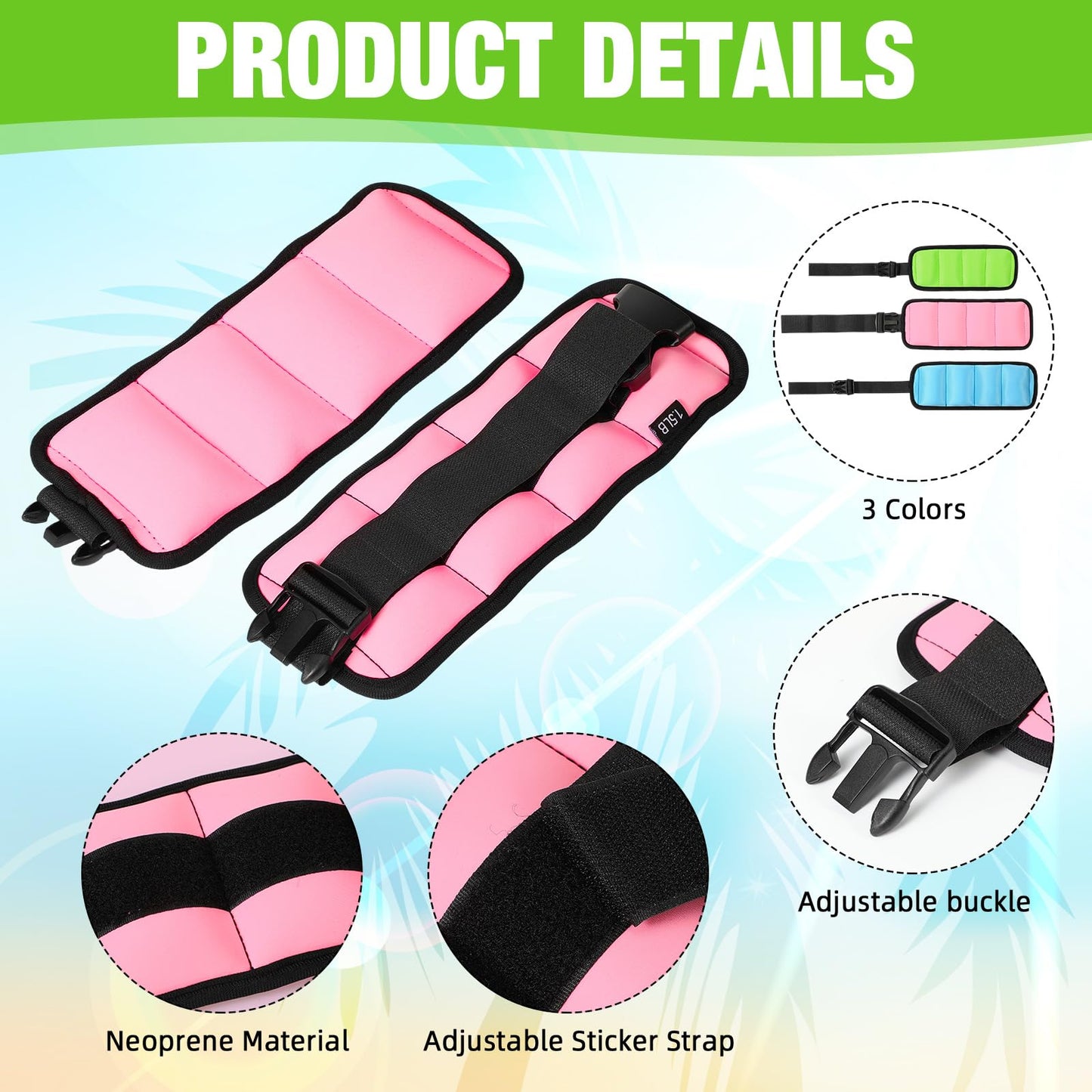 Arrowbash 3 Pairs Ankle Weights for Men Women 0.5lb/1lb/1.5lb Adjustable Swimming Ankle Wrist Weights Bands Set for Pool Aqua Cuffs Aerobics Fitness Jogging Walking Running Yoga(Pink Blue Green)