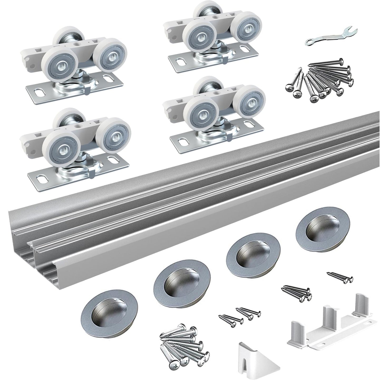 BARNSMITH 8FT/96 Bypass Door Hardware,Heavy Duty Aluminum Sliding Closet Door Hardware with Finger Pulls for 2 Doors System,Sturdy and Smoothly,Fit Door Thickness 1 3/8" or 1 3/4",Easy to Insatll