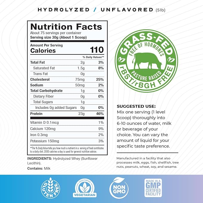 Muscle Feast Hydrolyzed Whey Protein Powder, Grass Fed and All Natural Hormone-Free, Hydro Whey Powder for Men and Women, Gluten Free, Non-GMO, Delicious Hydrolyzed Protein Powder, Unflavored, 5lb