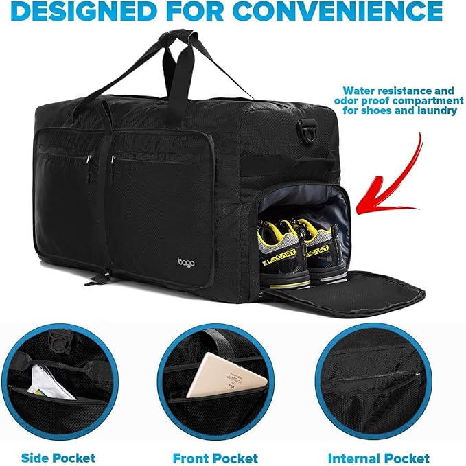 Bago Large Foldable Duffel Bags for Traveling Women & Men - 100L Packable Duffle Bag for Travel with Shoe Compartment - Water Repellant, Heavy Duty, Lightweight Folding & Collapsible (All Black)