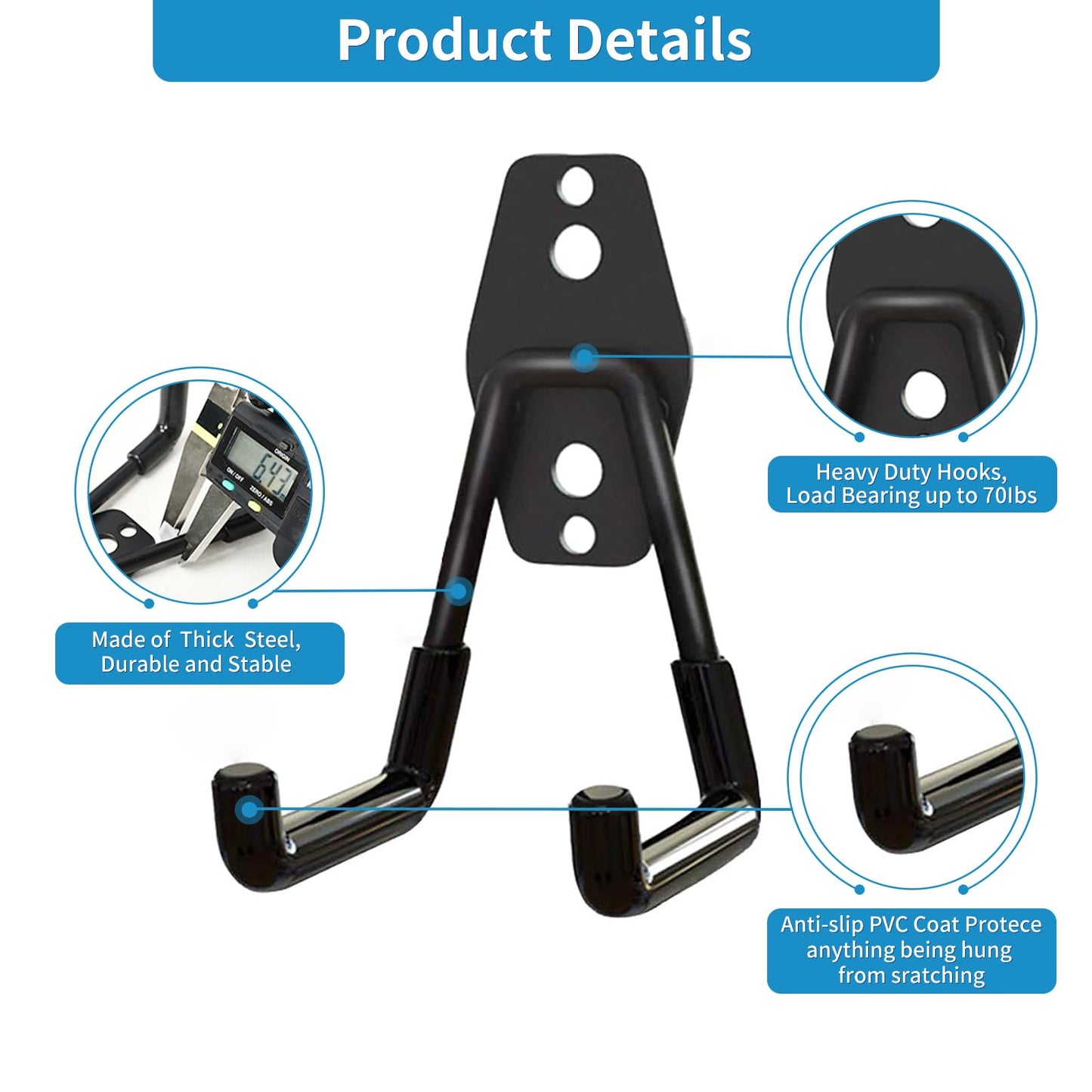 GeeWatom Garage Storage Utility Hooks，Garage Garden Tool Organizer，Steel Wall Mount Hooks, Garden Small U Hooks (4 Pack-Black)