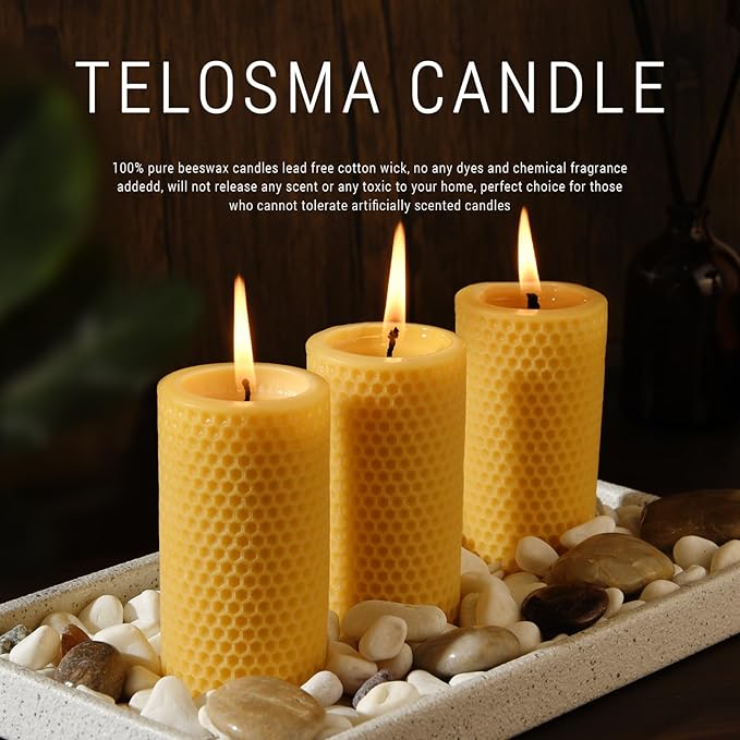 Honeycomb Natural Beeswax Pillar Candles - Pack of 2-100% Pure Beeswax Candles No Scent- for Emergency/Prayer/Relax (2inch Diameter, 4 inch Tall - Yellow)
