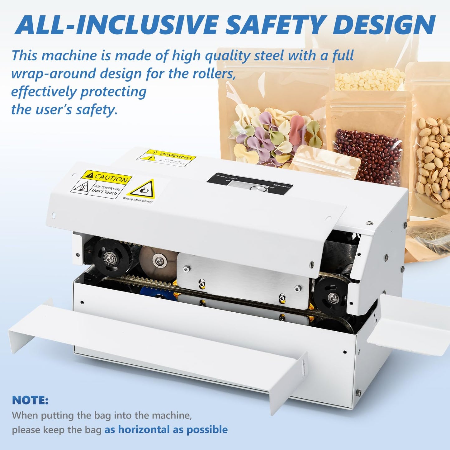 Frifreego Commercial Grade Heat Sealer Automatic Continuous Heat Bag Sealing Machine, Temp&Speed Adjustable, Heavy Duty Horizontal Bag Sealing Machine for Kinds of Plastic Packing Bags, Desktop White