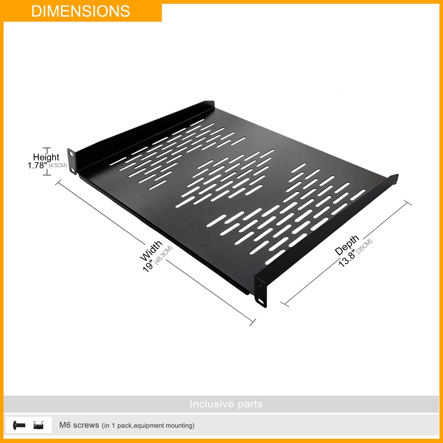 RIVECO 2 Pieces 1U Rack Shelves 19” Tray Cabinet Mount Vented Cantilevers for Network Equipment Shelf Mounting, 14 Inches 35CM Depth, Black 2PCS