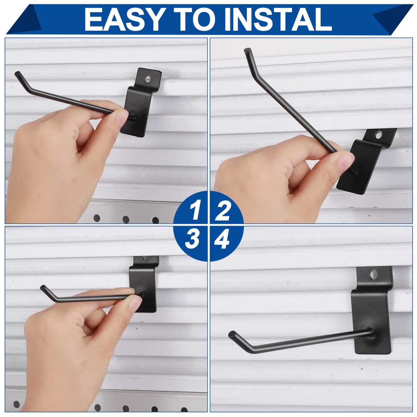 Moxweyeni 100 Pack Slatwall Hooks Panel Display Hooks Slat Board Peg Accessories Heavy Duty Hanging Shelf Brackets Metal Hangers for Garage Shop Retail Display(6 and 8 Inch,Black)