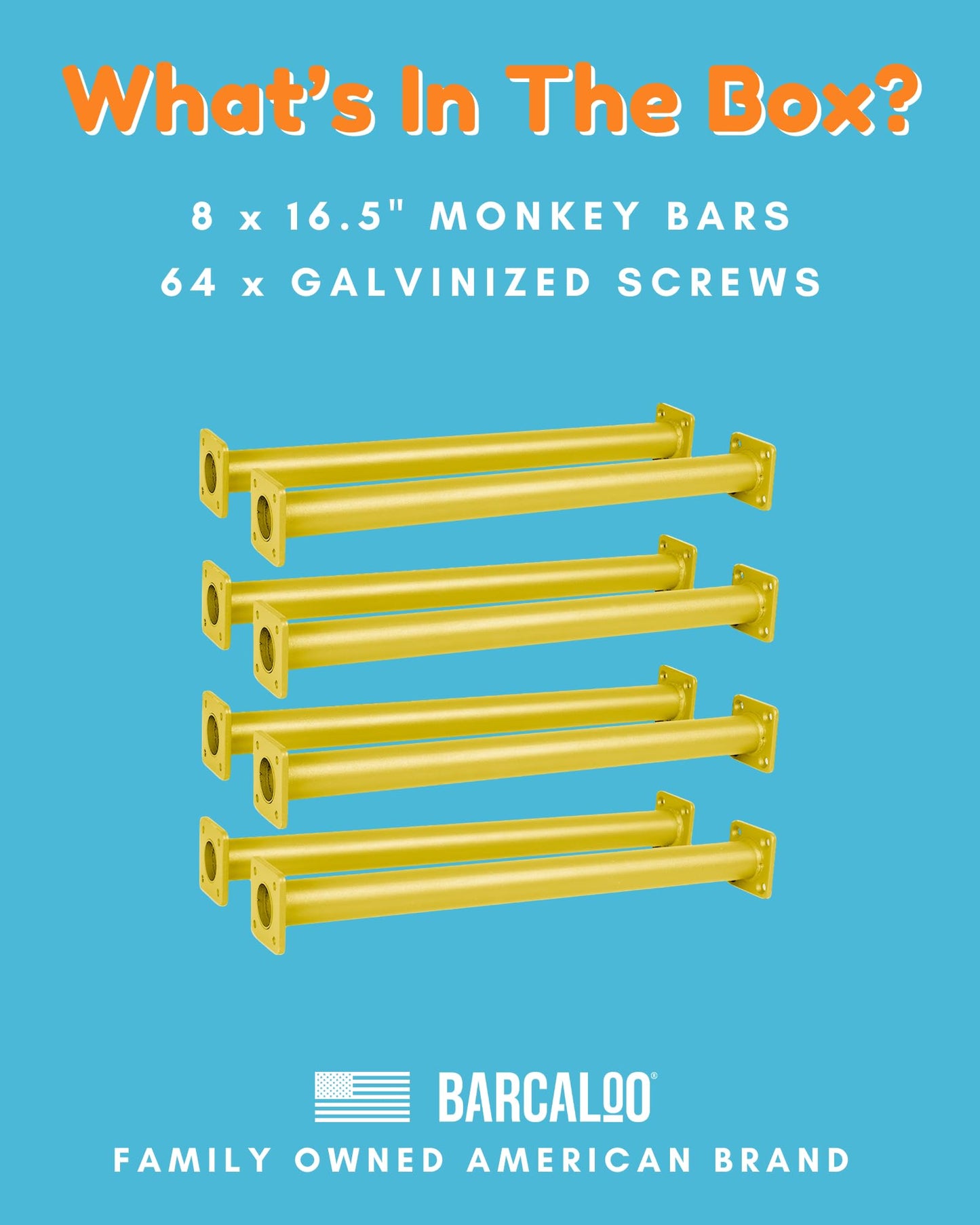Barcaloo Playground Equipment Monkey Bars Playset Attachment - Set of 8 Yellow Powder Coated Indoor Monkey Bars for Kids with Mounting Plates, 16 1/2 Inches Long