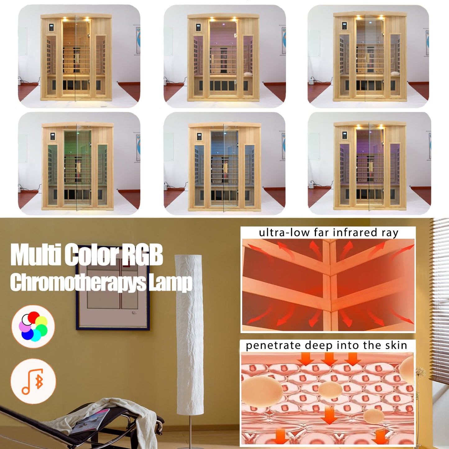 KUNSANA Ceramic Infrared Sauna 3 Person, Infrared Saunas for Home, Low EMF Far Infrared Sauna, Indoor Home Sauna Spa, Hemlock Wooden Sauna with Bluetooth Speaker, Chromotherapy Lamp, 2050W