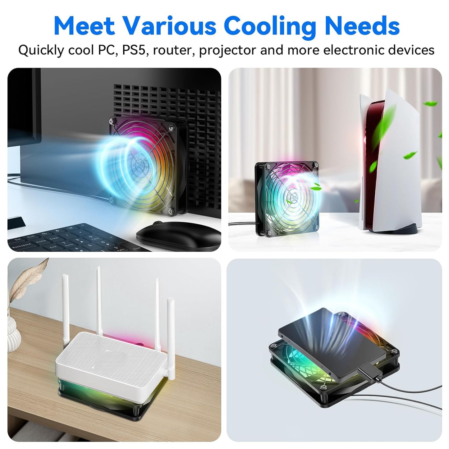 ELUTENG 7 3 1100/1300/1500 USB Computer Cooling Fan with Color RGB Lighting, Speed Controller RPM Small Exhaust Fan