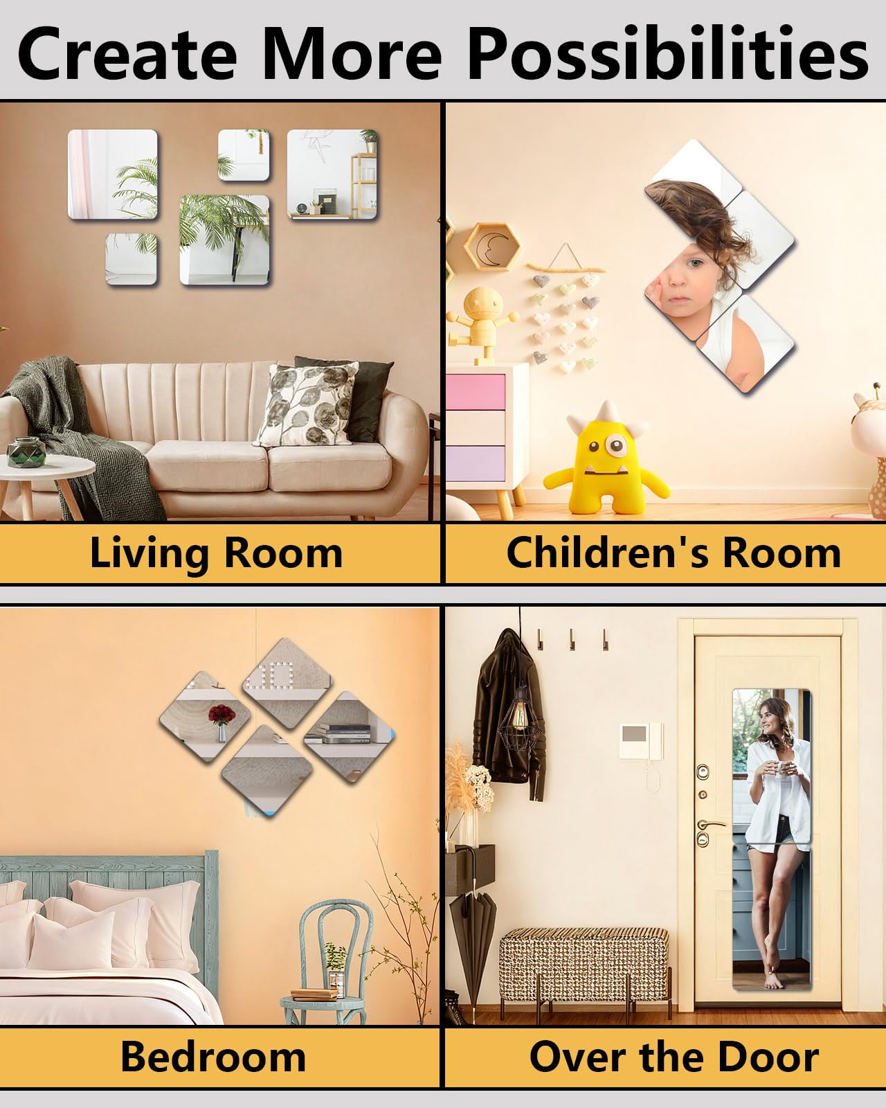 Shatterproof Wall Mirror Full Length for Bedroom, Acrylic Gym Mirrors For Home, Extra Thick: 0.12 inch, 12 x 12 inch x 4 Pcs, Workout Mirrors Safe for Kids, Over The Door, Long Wall Mounted